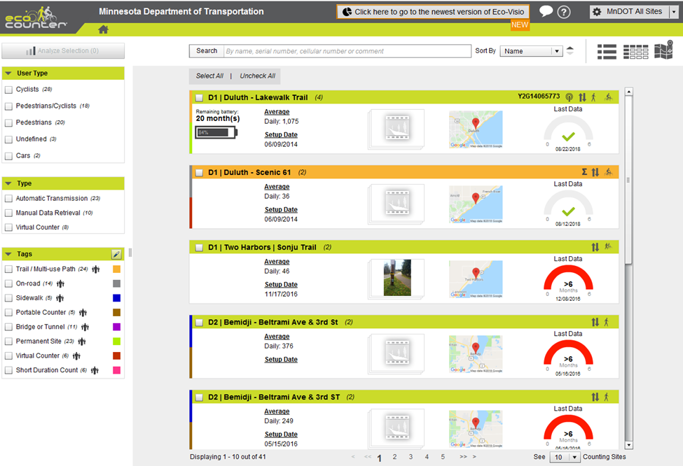 The Eco-Counter website shows data collected and transmitted from each counter.