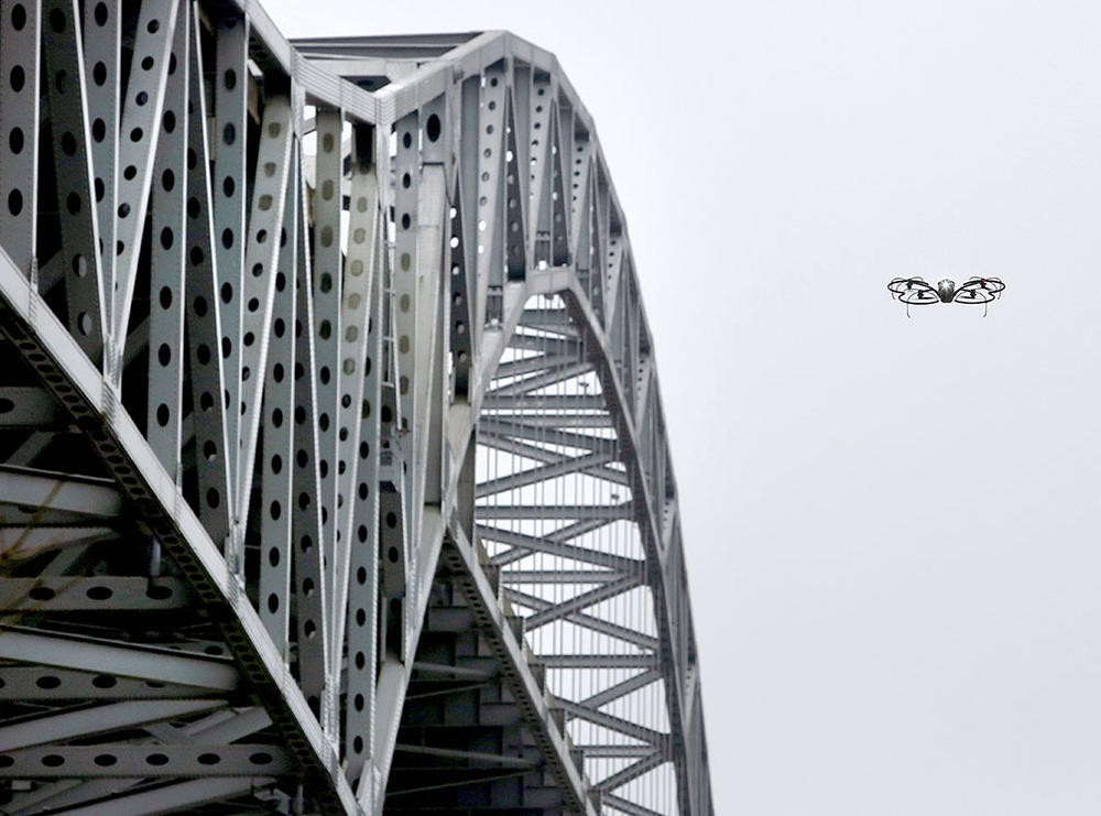 A MnDOT inspection drone flies in for a closer look at the Blatnik Bridge in Duluth. The agency has more than 30 pilots that fly a fleet of 46 drones, using photography and thermal scans to get an up-close look at each bridge.