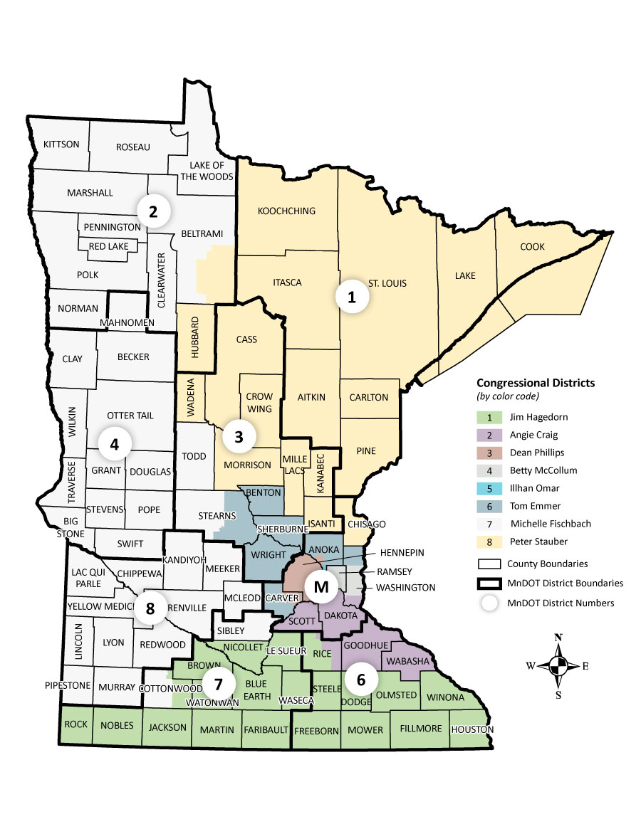 A map of Minnesota that outlines the Congressional Districts and the Minnesota Department of Transportation Districts
