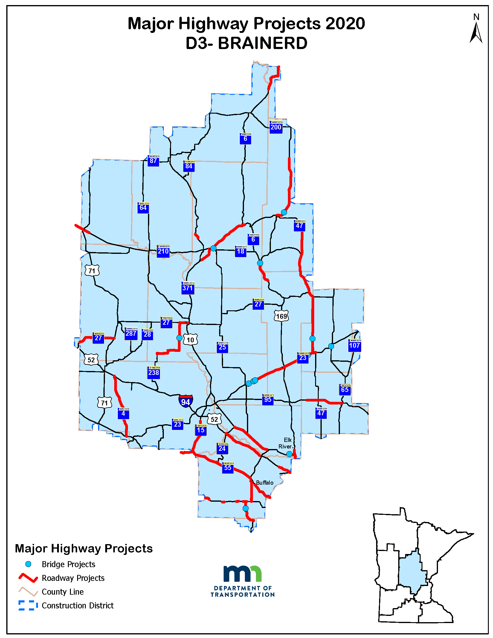 Map of major projects in MnDOT District 3
