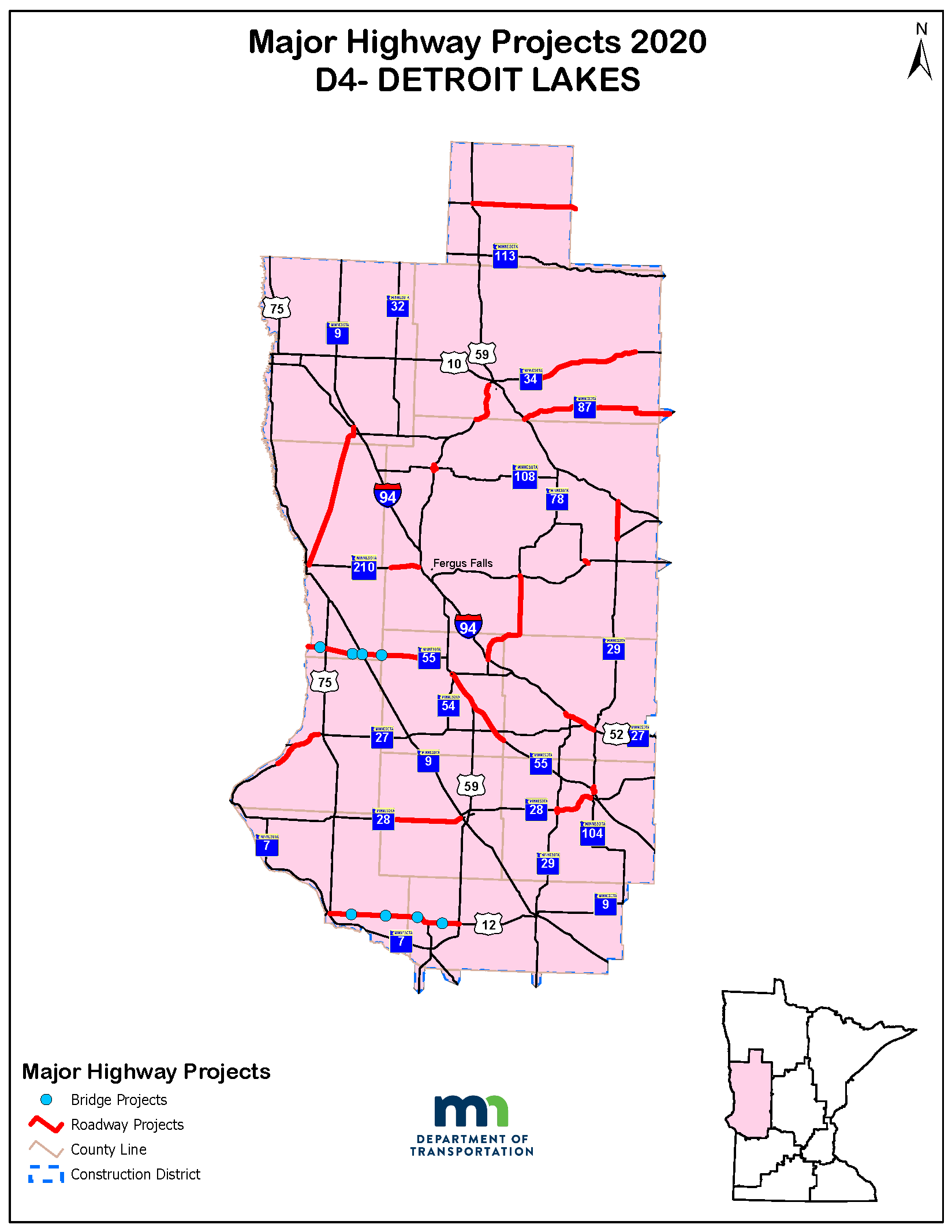 Map of major projects in MnDOT District 4