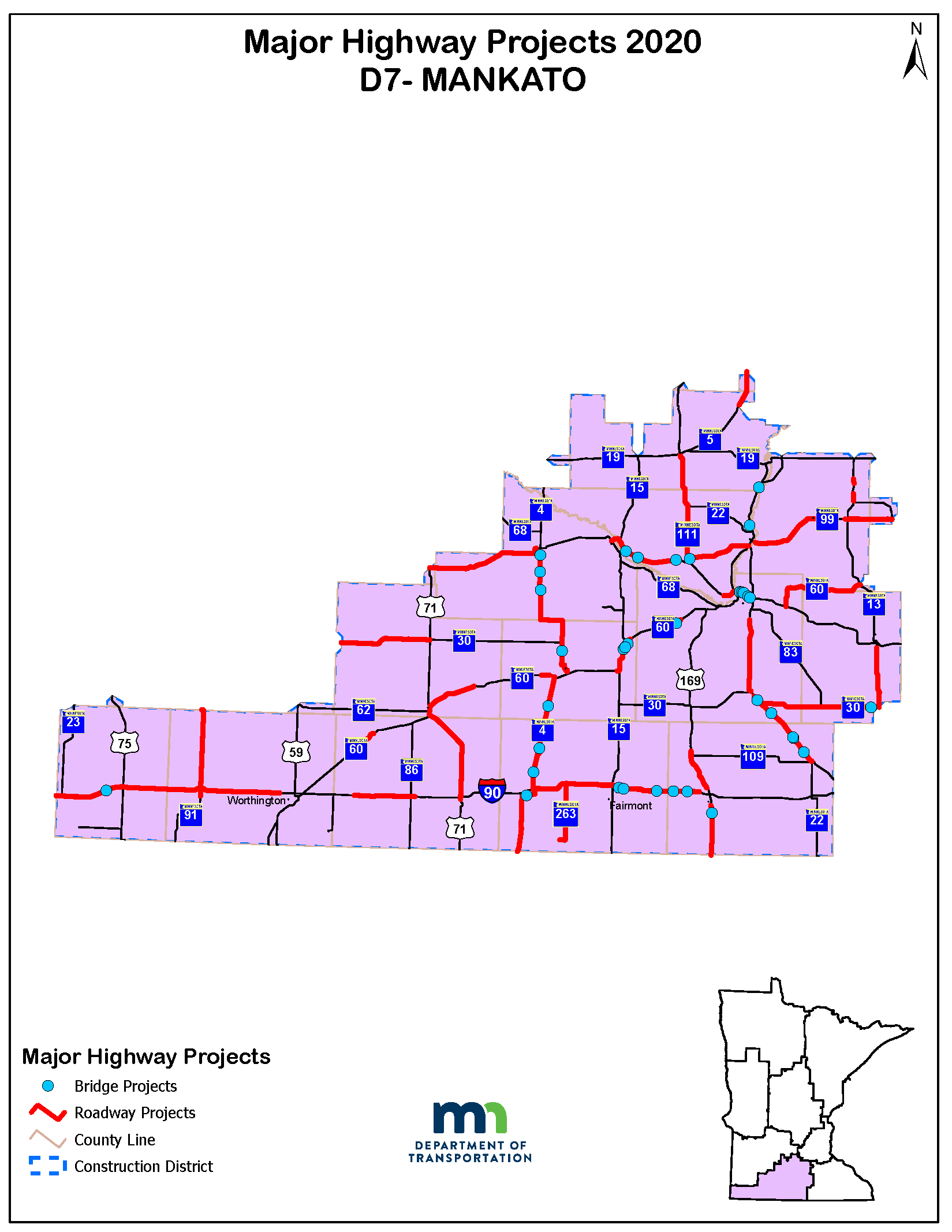 Map of major projects in MnDOT District 7