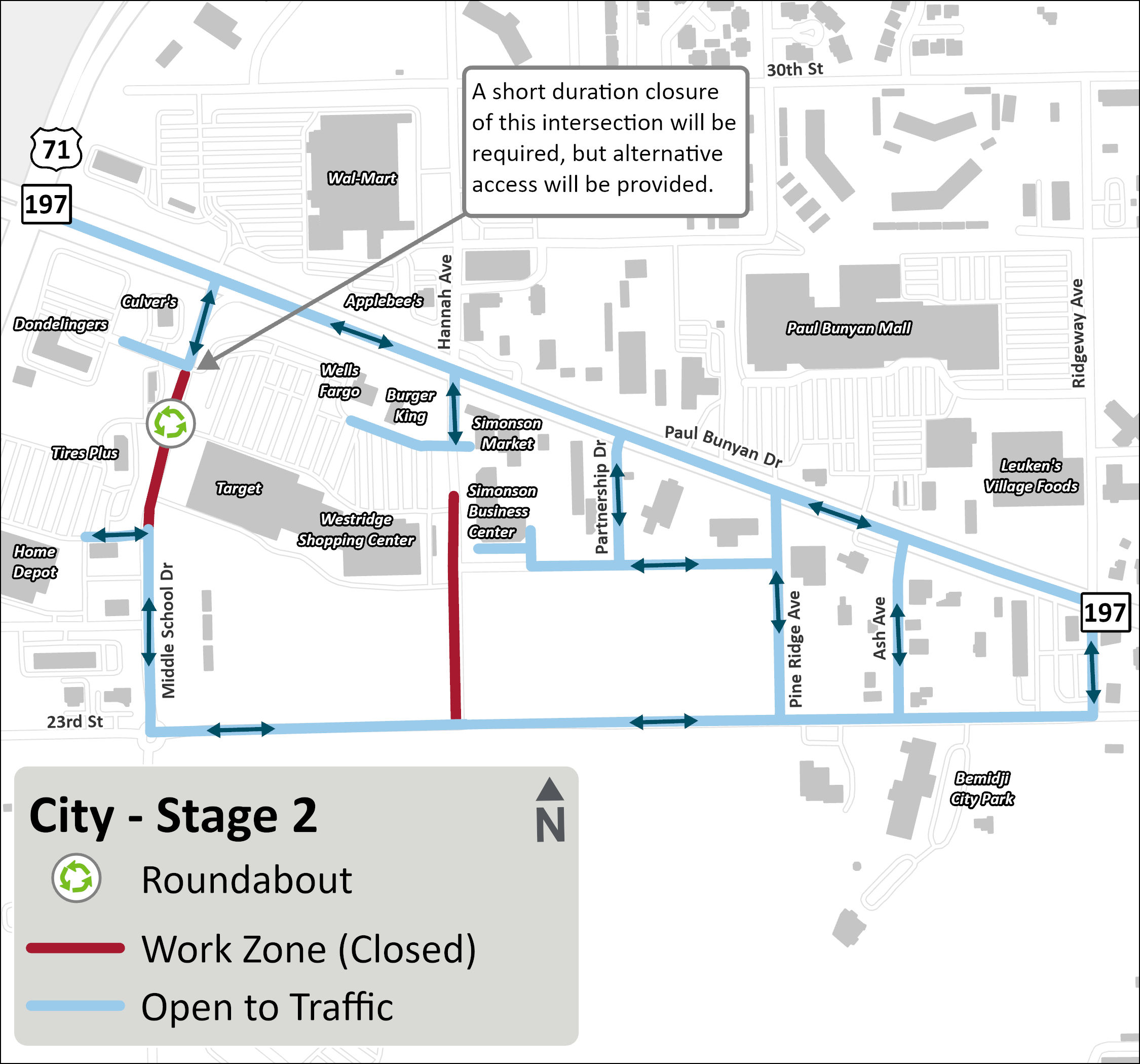 Click to enlarge Map showing the City of Bemidji’s Stage 2 work at Middle School Drive, highlighting roundabout construction limits, local access routes, and temporary traffic patterns.