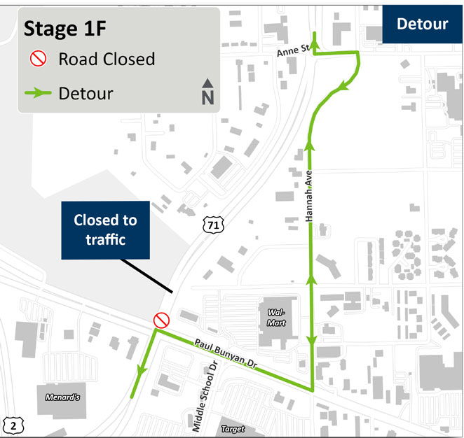 Map showing Stage 1F pedestrian and boulevard work along Hwy 197. Locations of new sidewalks, trail segments, and boulevard construction are marked along both sides of the corridor.