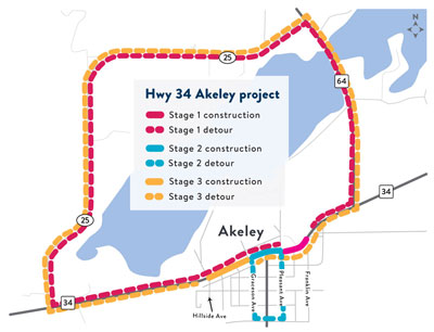 Detour map showing the construction staging. Highway 64 and County 25 will be used as the detour for all three stages.
