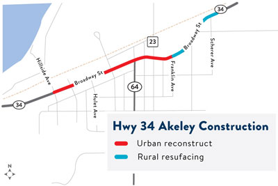 Highway 34 construction in Akeley between Hillside Avenue and Sherer Avenue is slated for construction in 2023