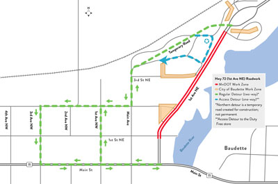 Map showing Highway 72 construction limits in Baudette between Highway 11 and the International Bridge.