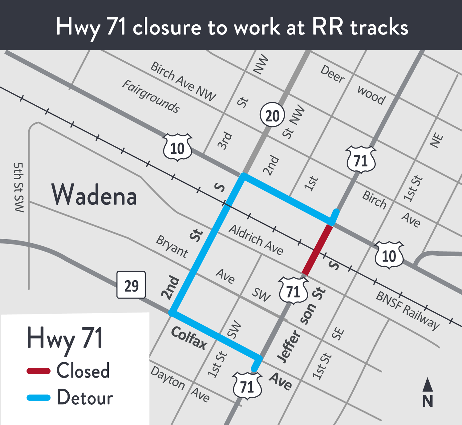 map of Hwy 71 detour in Wadena