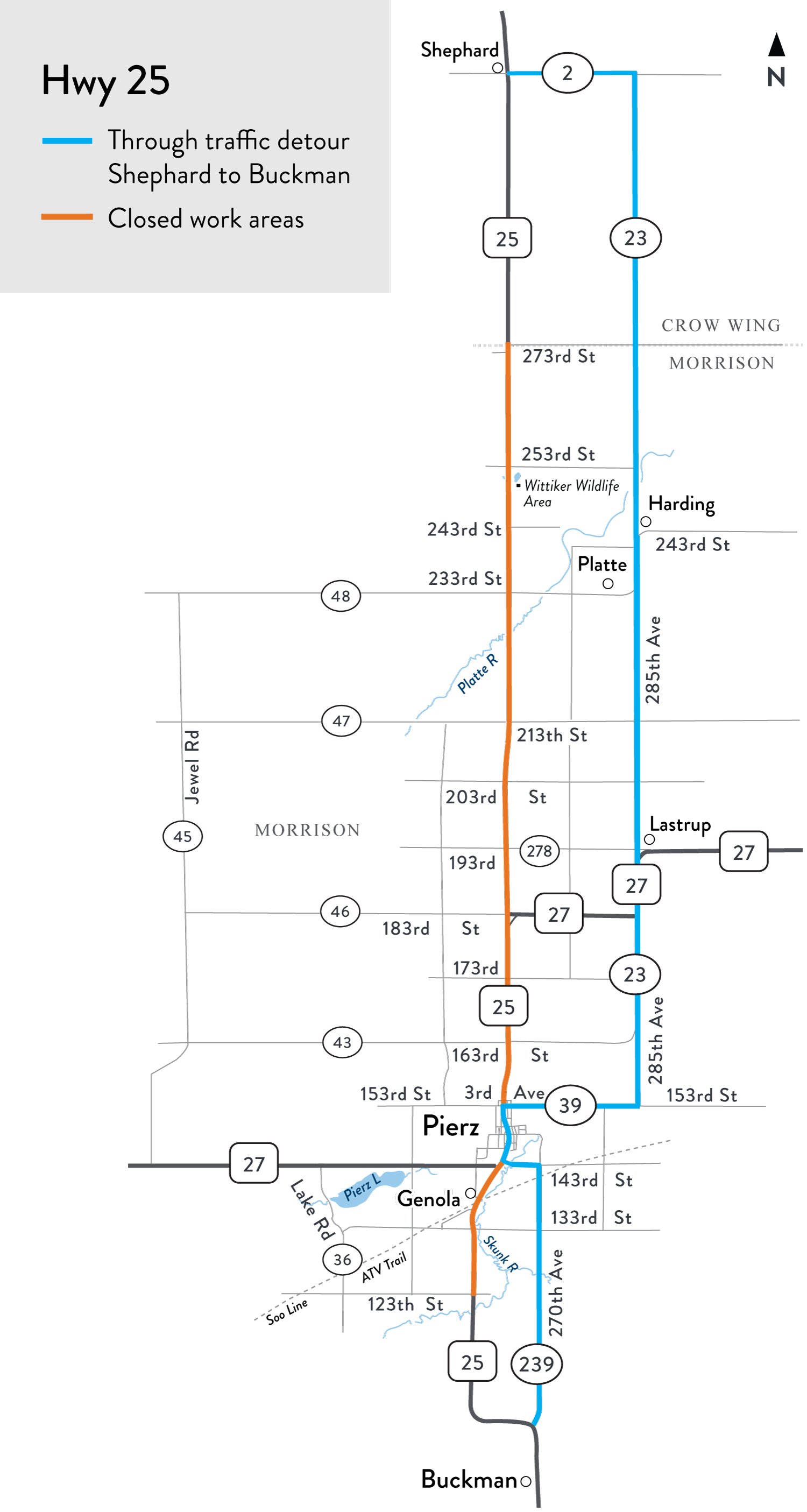 Sh25a Map Hwy 25 north of Pierz is open!