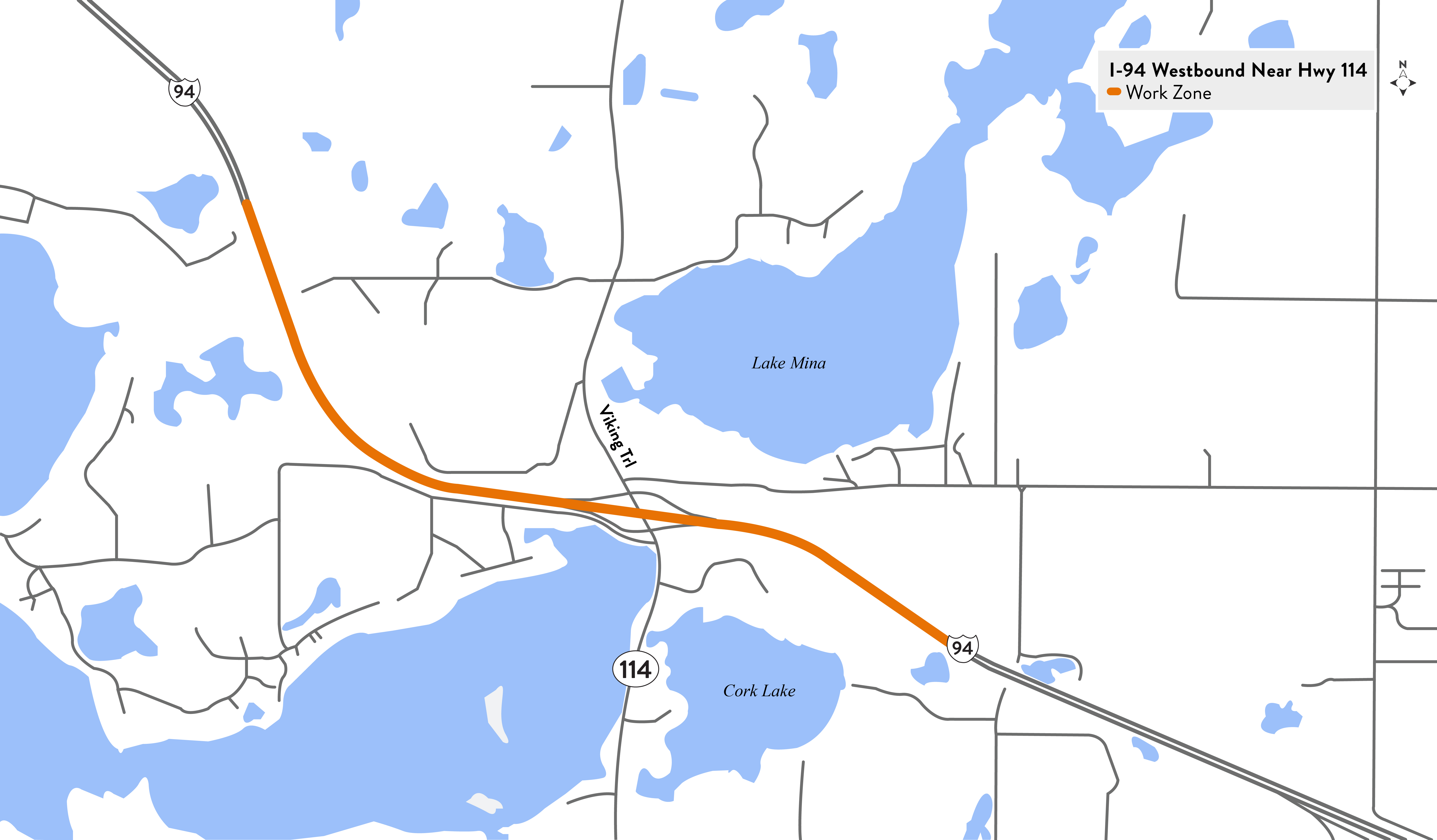 Map shows work zone for I-94 westbound concrete resurfacing project near Highway 114 west of Alexandria