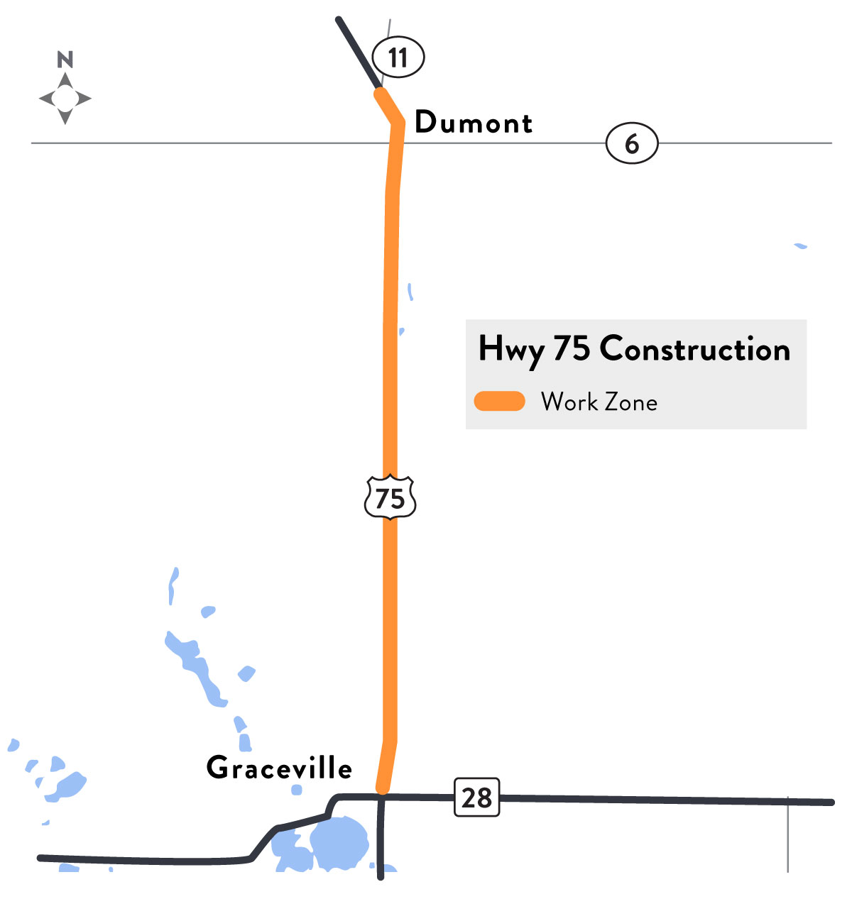 Map of Hwy 75 work zone from Graceville to Dumont