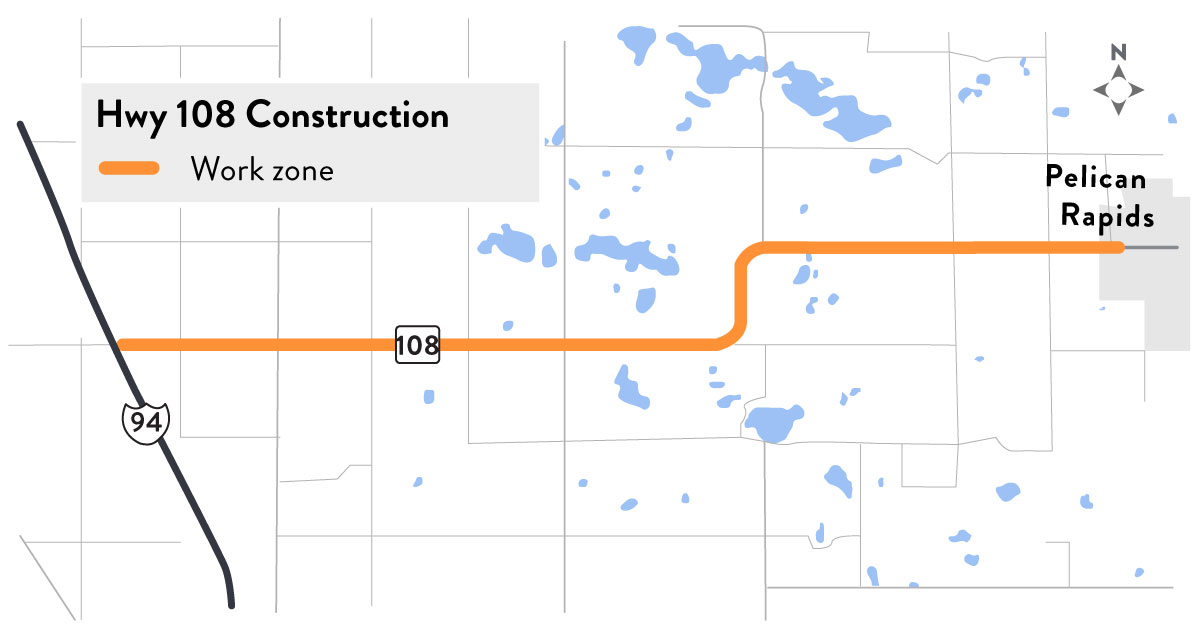 Map of Hwy 108 west work zone, from I-94 to Pelican Rapids
