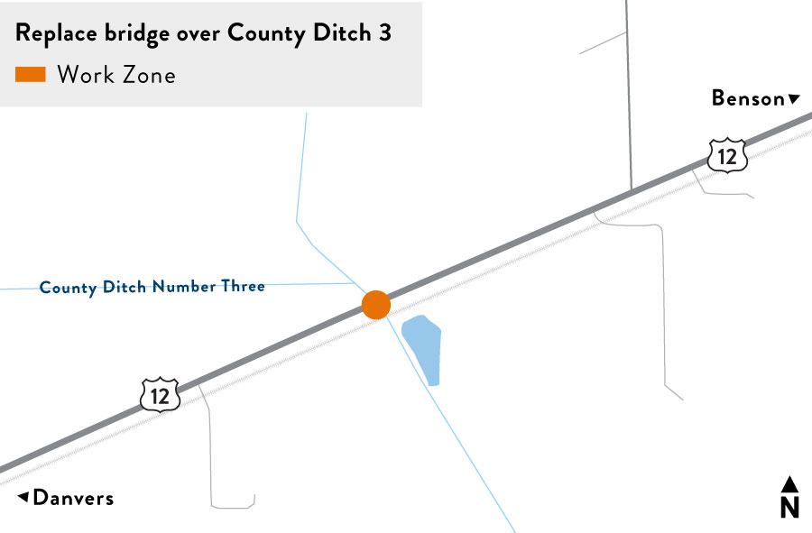 Map highlighting the bridge over County Ditch 3