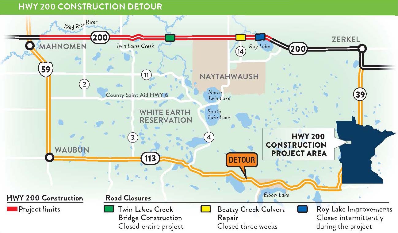 Detour for Hwy 200. Twin Lakes Creek bridge closed entire project. Beatty Creek culvert closed for three weeks. Roy Lake improvemenbts will cause intermittent closures during the project.