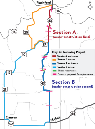 Hwy 43 construction and detour map