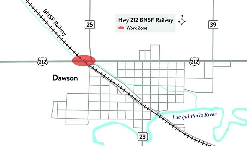 Highway 212 project map showing construction in Dawson