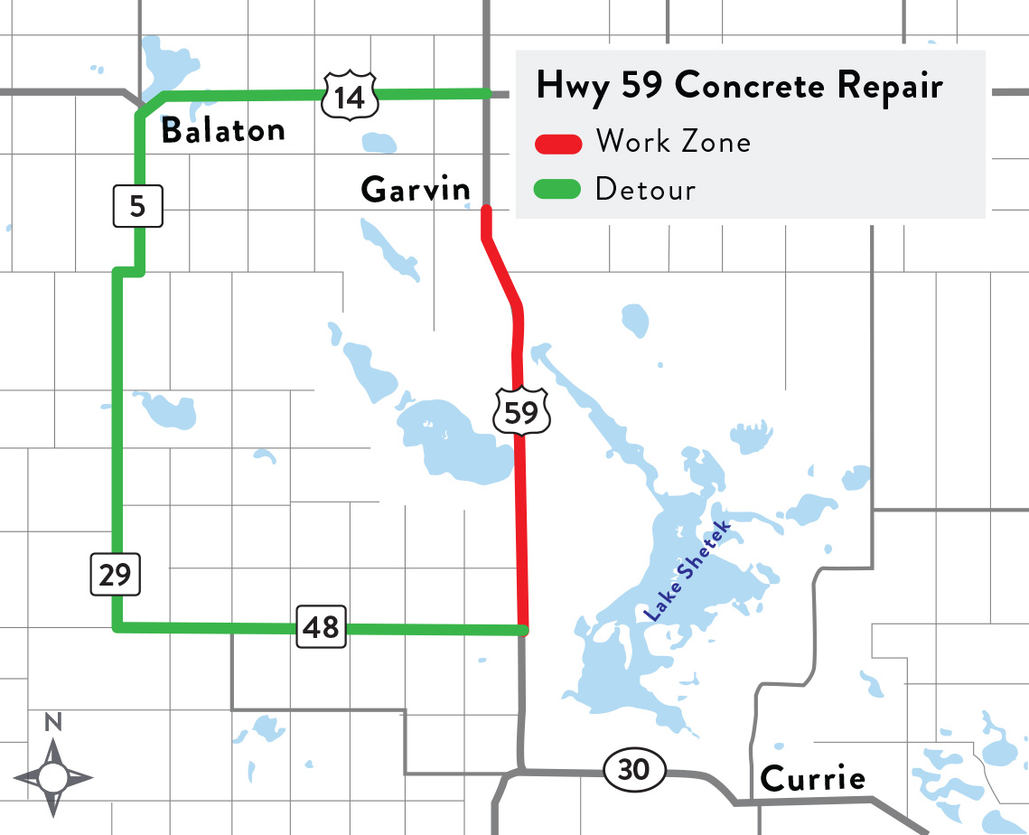 map showing Hwy 59 under construction near Garvin