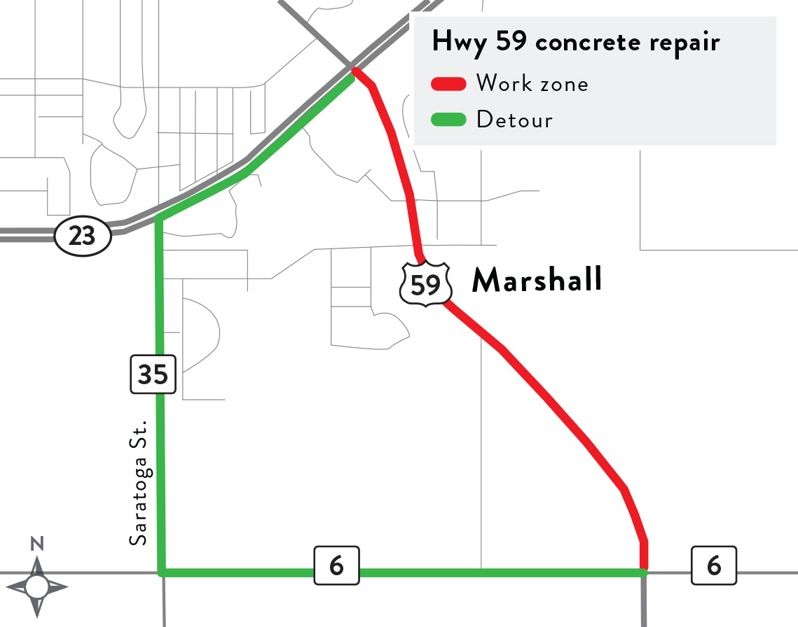 map showing Hwy 59 under construction near Marshall