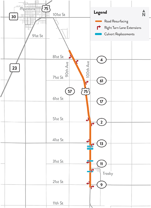 Hwy 75 work zone map showing culvert and turn lane installations