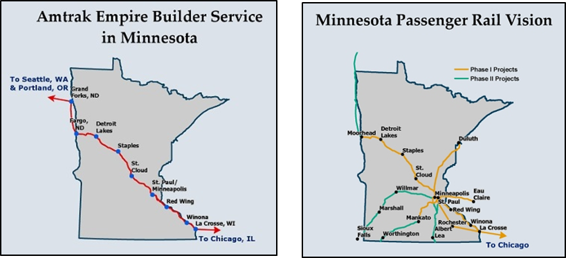Map showing Amtrak Empire Builder Service in Minnesota alongside map of expanded passenger rail 'vision' in Minnesota.