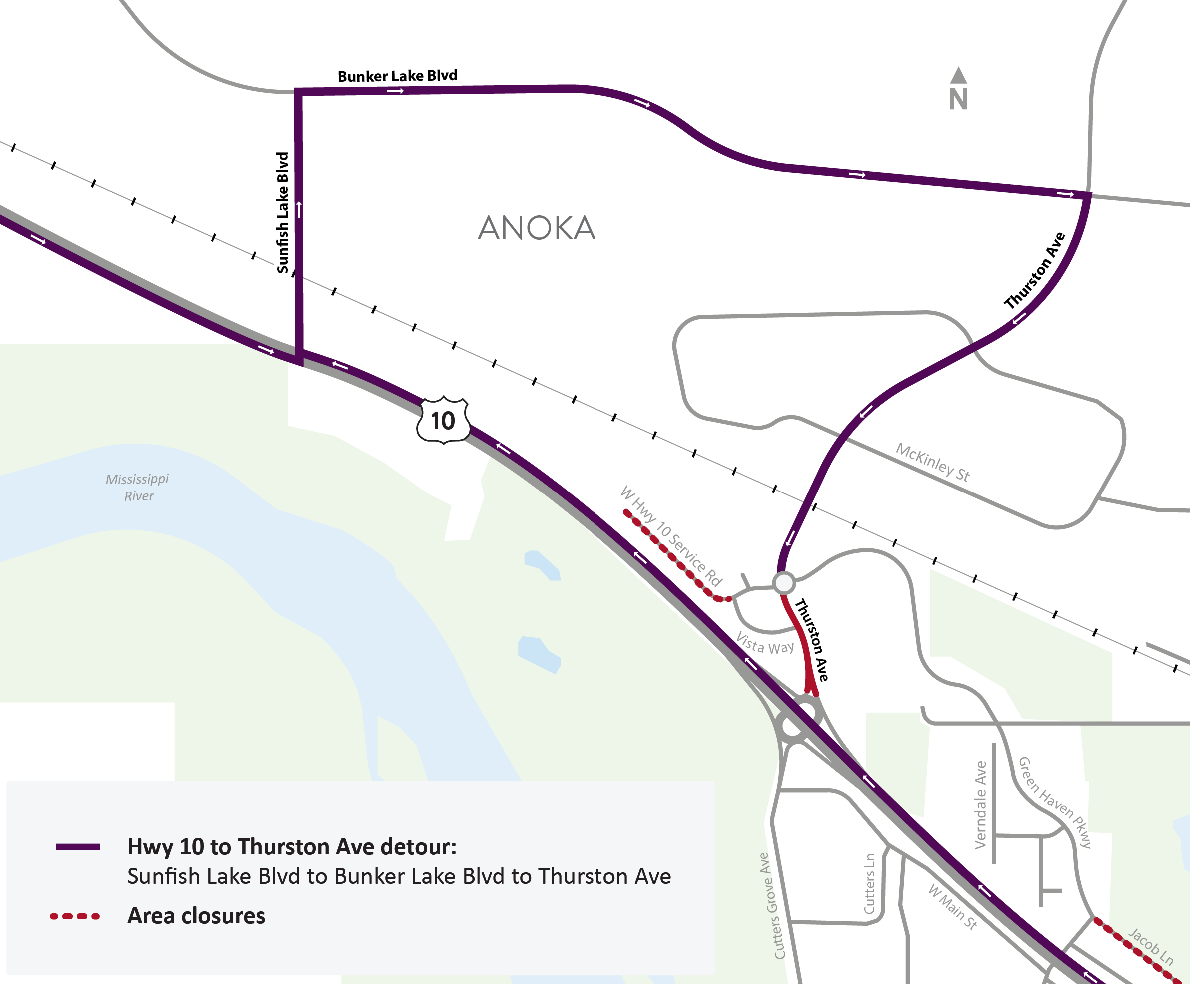 Hwy 10 road and ramp closures begin Thu, April 13 in Anoka