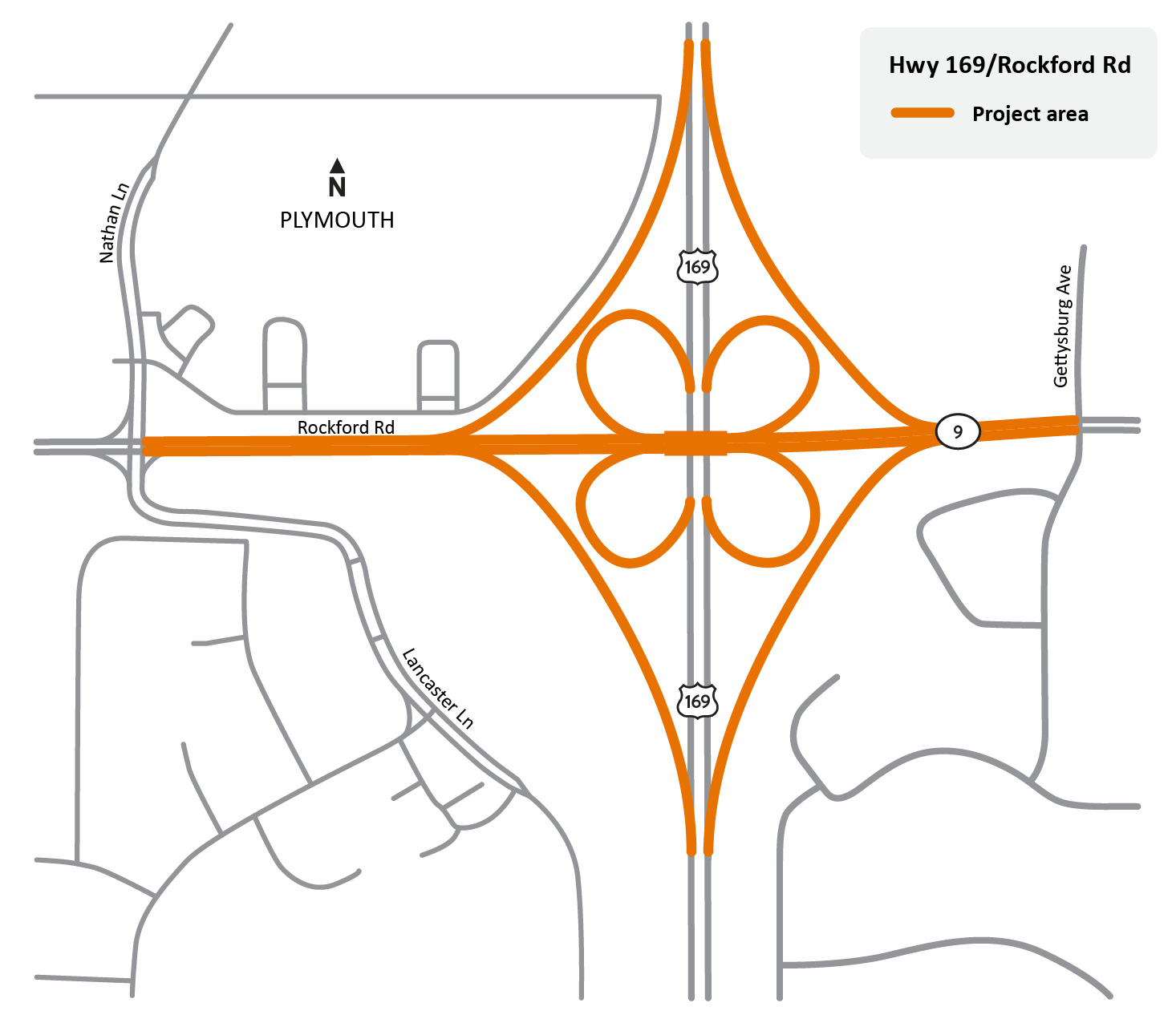 Highway 169 and Rockford Rd./Co. Rd. 9 intersection in Plymouth and New Hope project location map