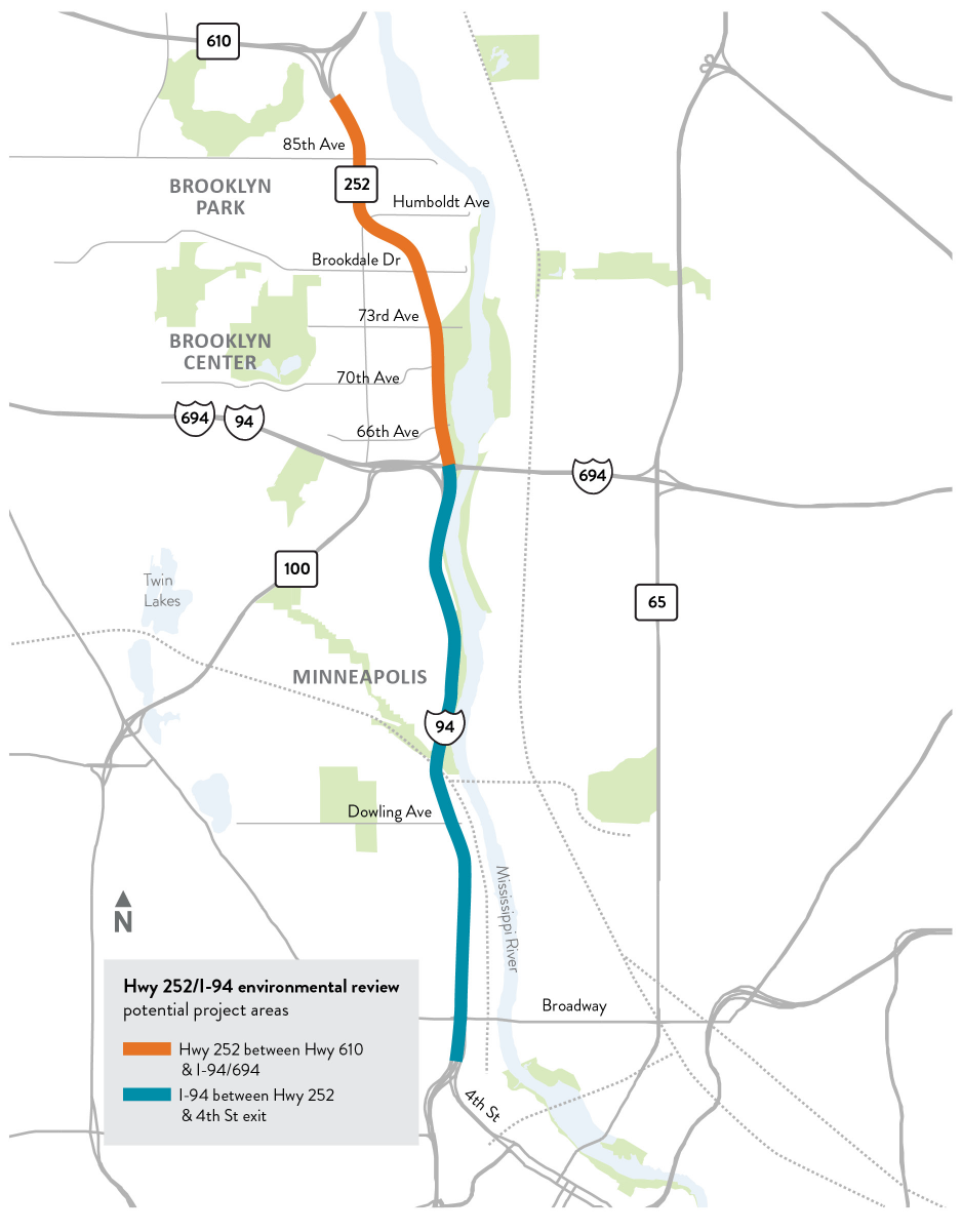 Highway 252/I-94 study area map in Brooklyn Center, Brooklyn Park and Minneapolis