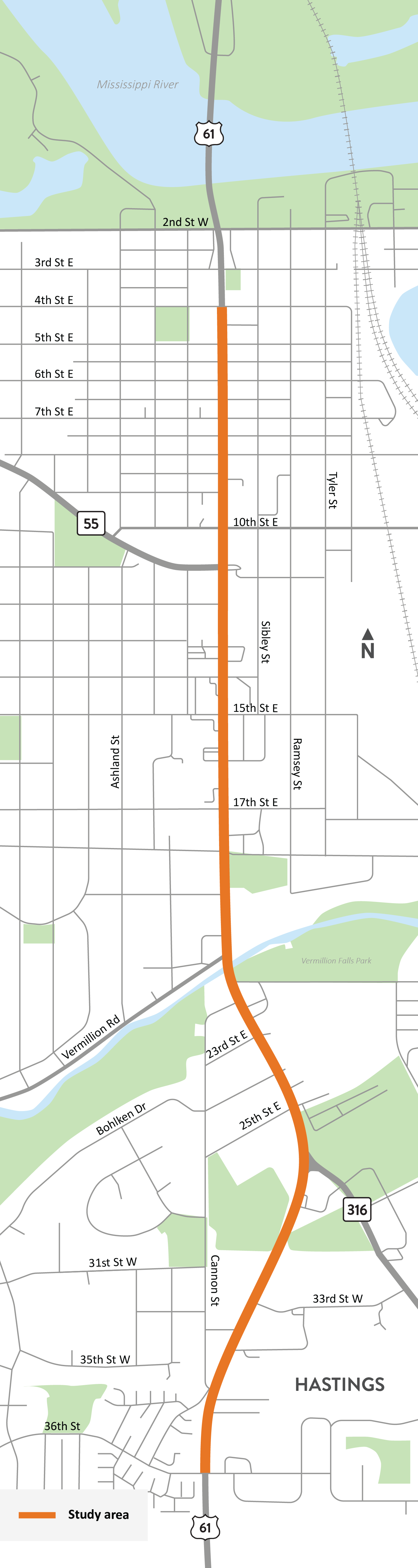 Highway 61 between 4th Street and 36th Street in Hastings study location map