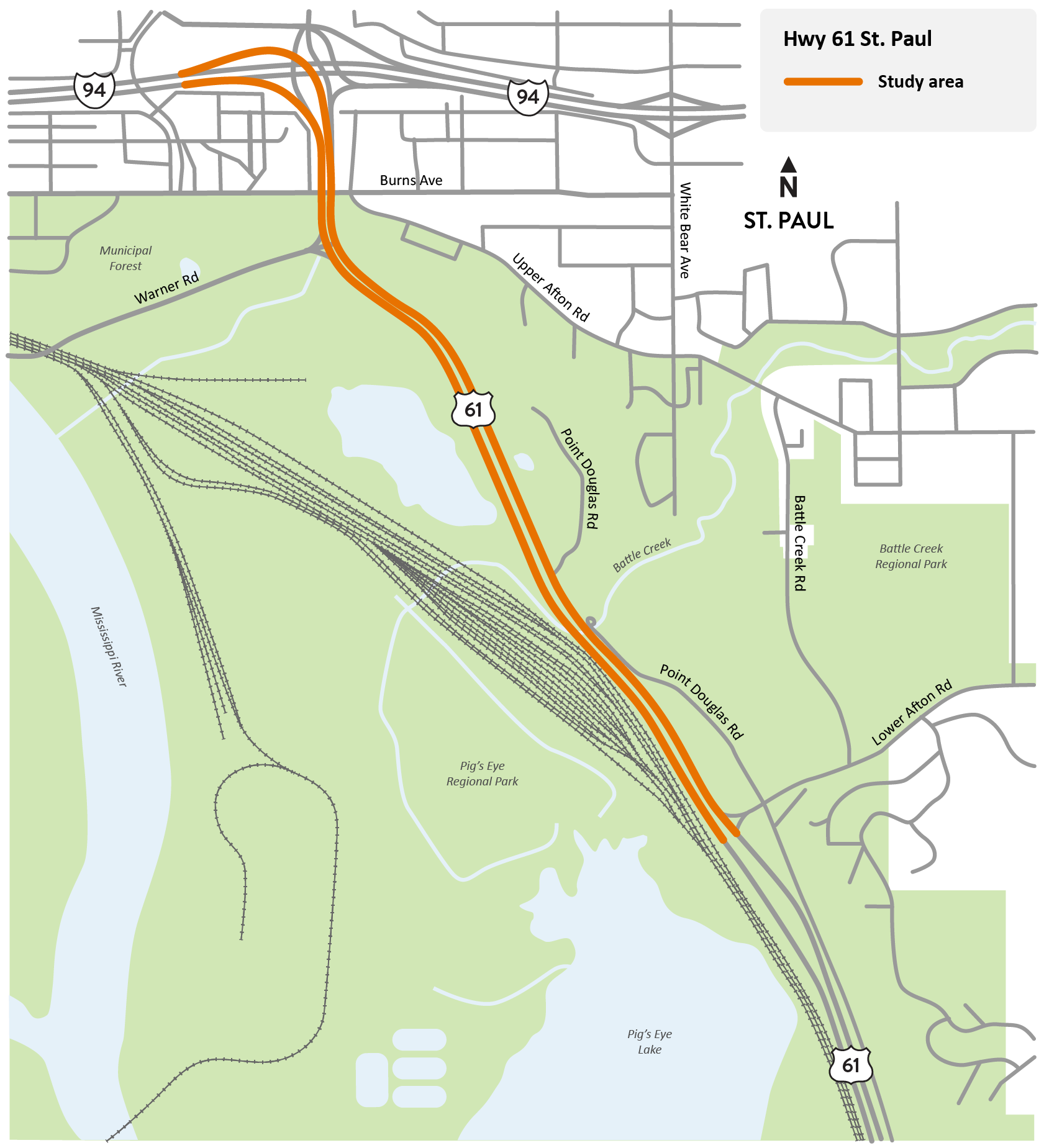 Highway 61 between I-94 and Lower Afton Road in St. Paul study location map