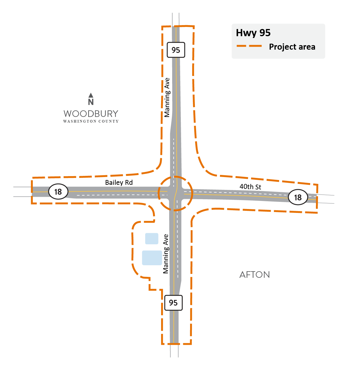 Highway 95 and County Highway 18/40th Street/Bailey Road intersection in Woodbury and Afton project location map